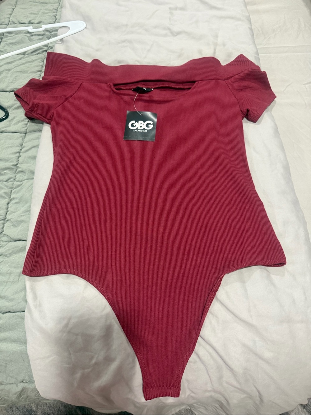 GBG Los Angeles Burgundy Ribbed Off-Shoulder Kids Bodysuit